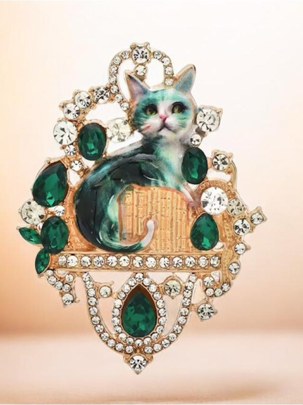 Green Cat Crystal Brooch - Elegant Pet-Themed Jewelry
